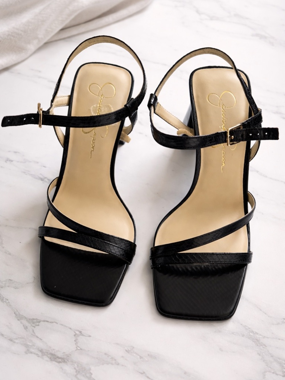 Jessica Simpson Black Strappy Square-Toe Slingback Heels